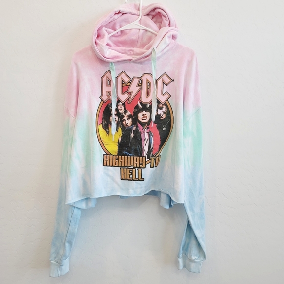 NWT AC/DC Tie Dye Graphic Cropped Hoodie Sweater - Picture 1 of 16